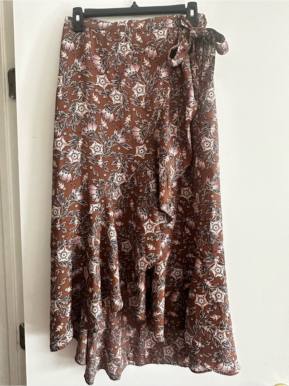 Max Studio Brown Floral Wrap High-Low Skirt with Pink & White Accents